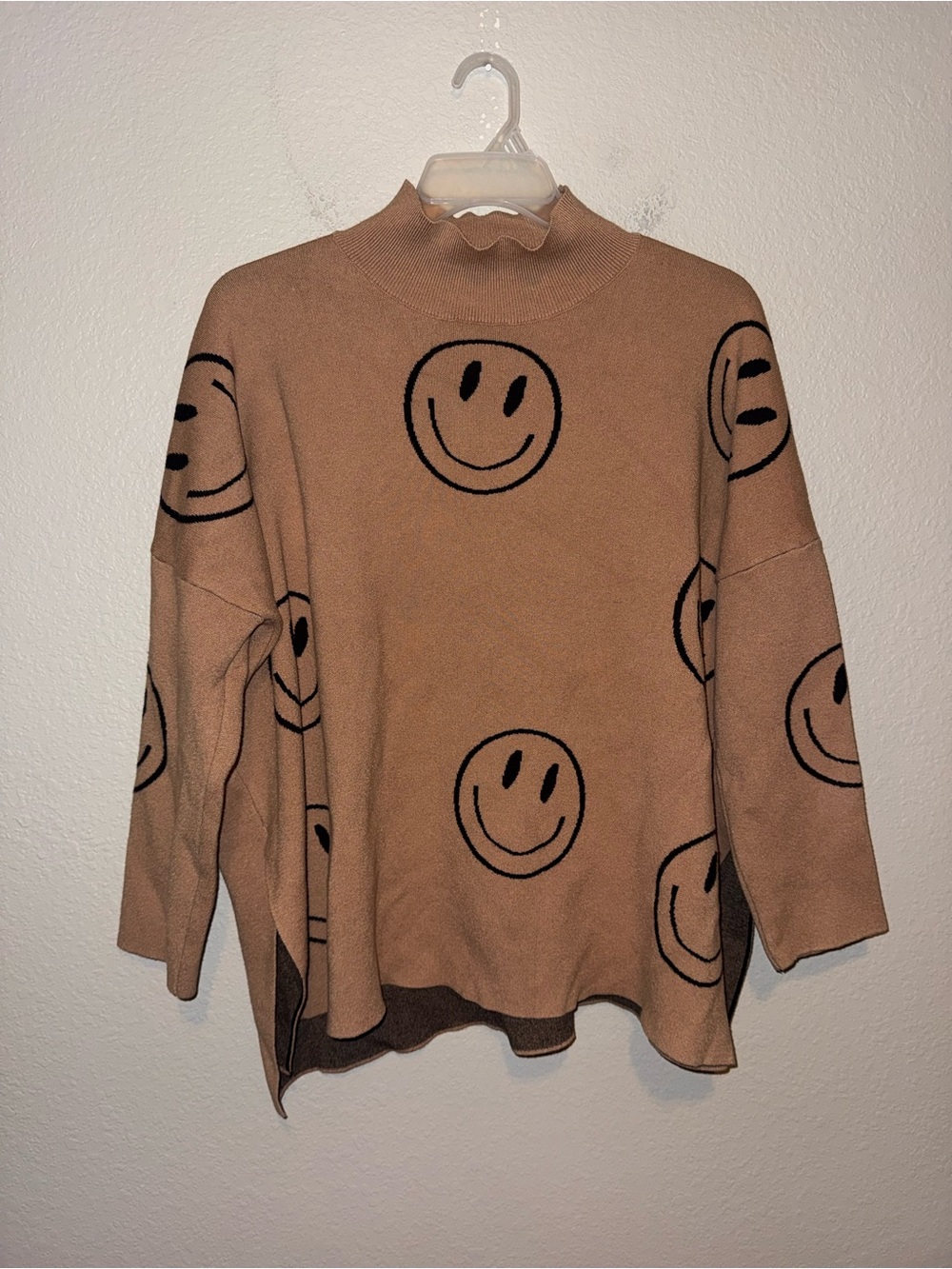 Chic Soul Smiley Face Sweater Size 2X Tan Brown Black Cozy Trendy Fun - Picture 2 of 6